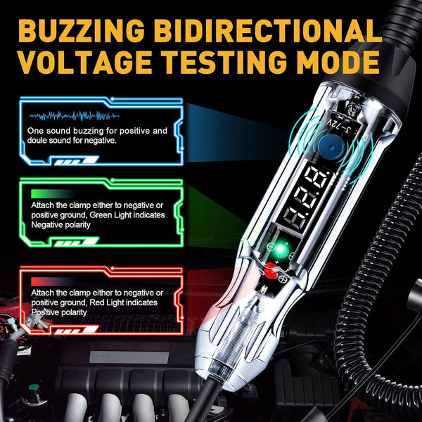 Upgraded Buzzer Automotive Test Light, DC 3-72V Heavy Duty Digital LED Circuit Tester with Voltmeter & Dual Color Polarity Indicate Light,