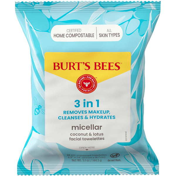 Burt'S Bees Micellar Facial Towelettes with Coconut and Lotus, Pre-Moistened Towelettes for All Skin Types, 99.5 Percent Natural Origin Skin Care,