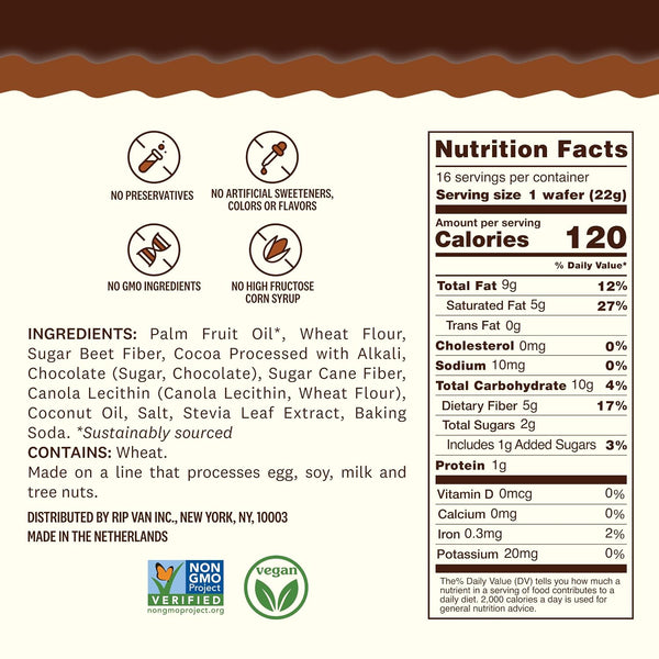 Rip Van Dark Chocolate Wafer Cookies - Healthy Snacks - Non GMO, Keto, Low Carb, Low Sugar (2g), Low Calorie and Vegan, 16 Count
