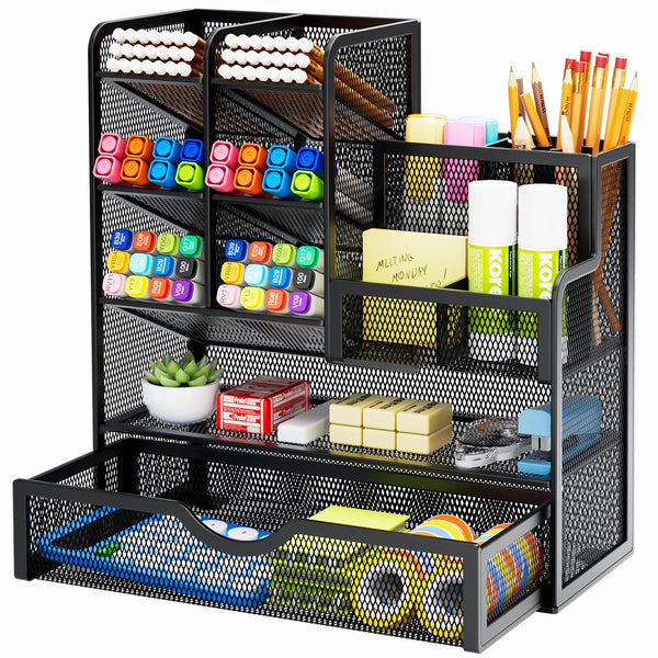 Marbrasse Mesh Pen Holder for Desk, Multi-Functional Pencil Organizer with Drawer, Desk Organizers and Accessories for Office Art Supplies (Black)