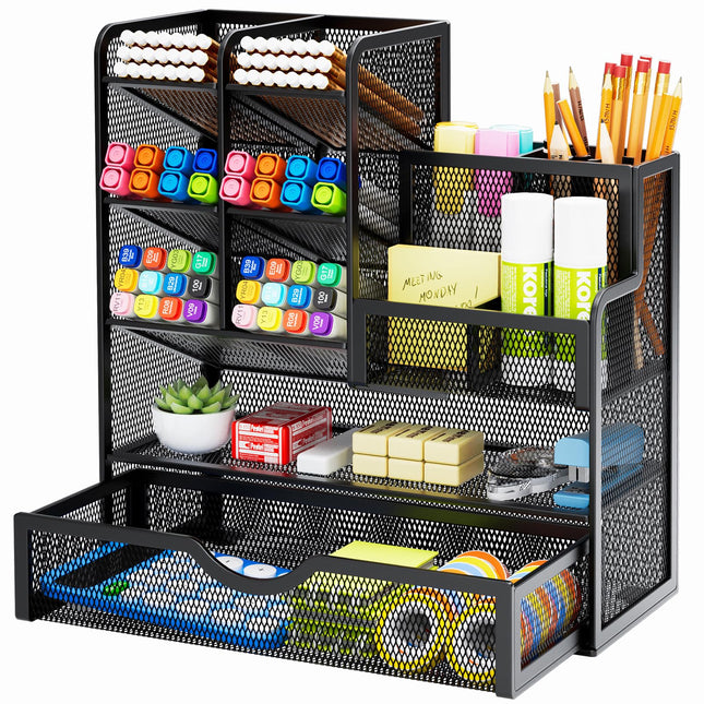 Marbrasse Mesh Pen Holder for Desk, Multi-Functional Pencil Organizer with Drawe