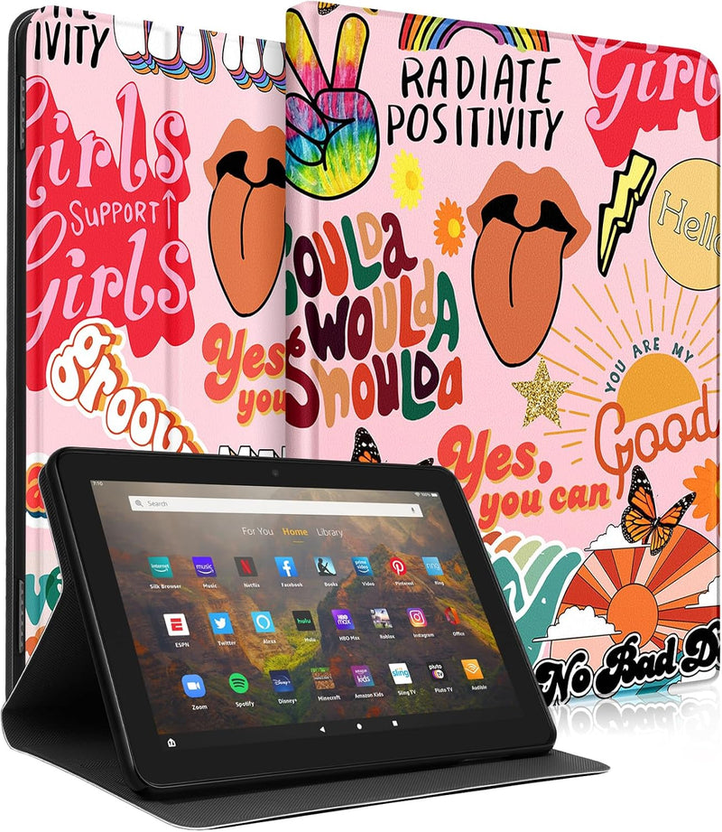 for Amazon Kindle Fire HD 10/10 Plus Tablet Case 13th/11th Generation for Women Girls Folio Cover Cute Fashion Design Kawaii Unique Quotes Pretty