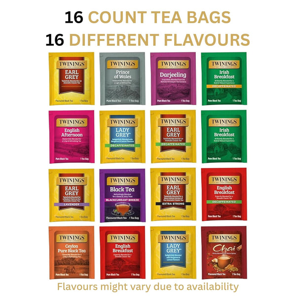 Twinings Black Tea Bag Sampler Assortment, Variety Pack (16 Count) 16 Different Flavors for Tea Lovers: Her, Him, Women, Men, Couples, Family,
