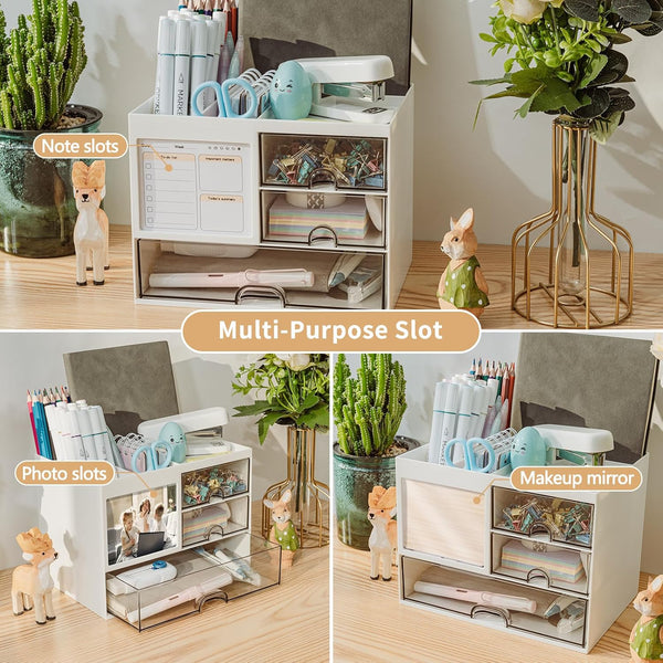 QIYVLOS Desk Organizer with 3 Drawer, Multi-Functional Pencil Pen Holder for Desk, Desk Organizers and Storage with 8 Compartments, Desktop