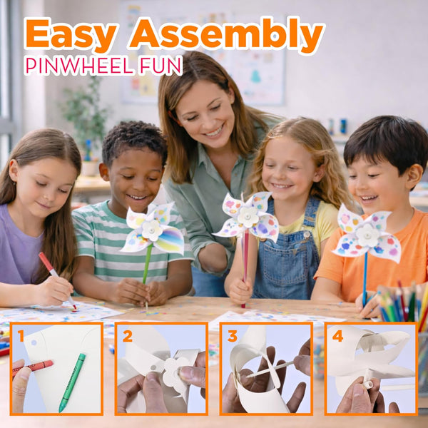 4E's Novelty 24 Pack DIY Pinwheels Craft for Kids, Bulk Summer Pinwheel Craft Kit, Color Your Own Paper Windmill Patriotic Pinwheels for Kids Bulk