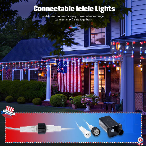 JMEXSUSS Icicle Lights for 4th of July Decor, 400 LED Red White and Blue | 38.8 Ft Icicle Lights for Outside, Independence Day Icicle String Light