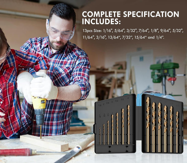 Cobalt Drill Bit Set, 13Pcs M35 High Speed Steel Jobber Length Drill Bit Kit for Hardened Metal, Stainless Steel, Cast Iron, Wood and Plastic,