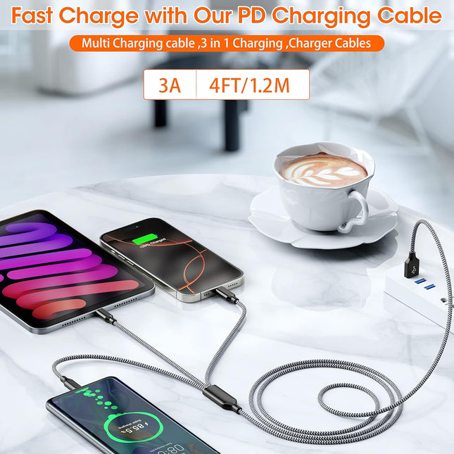 Multi Charging Cable 4Ft 2Pack 3 in 1 Multi Iphone Charger Cable Nylon Braided Apple Mfi Certified Universal USB Fast Ch