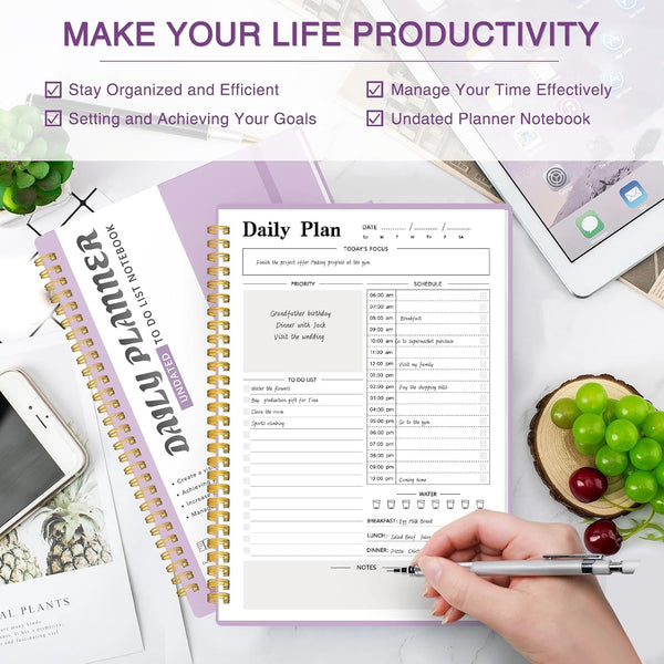 Daily Planner Undated, To-Do List Notebook with Hourly Schedule, Spiral Appointment Organizer Calendar for Man / Women, Flexible Cover, Twin-Wire