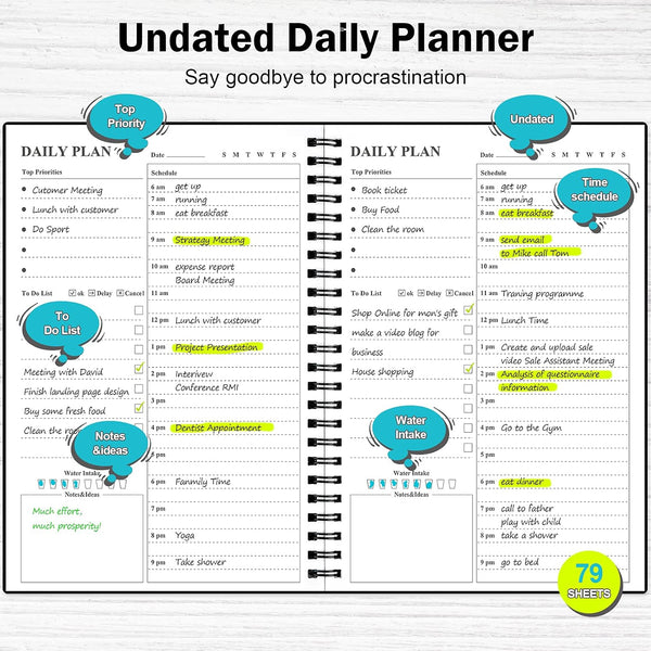 Daily Planner Undated, Asten To Do List Notebook Hourly Schedules Spiral Appointment Planner for Men and Women,PVC Hardcover,Elastic Closure,