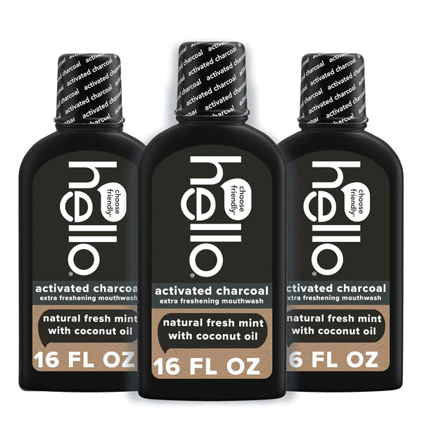 Hello Activated Charcoal Extra Freshening Mouthwash, Natural Fresh Mint and Coconut Oil, Fluoride Free, Alcohol Free, Vegan, SLS Free and Gluten