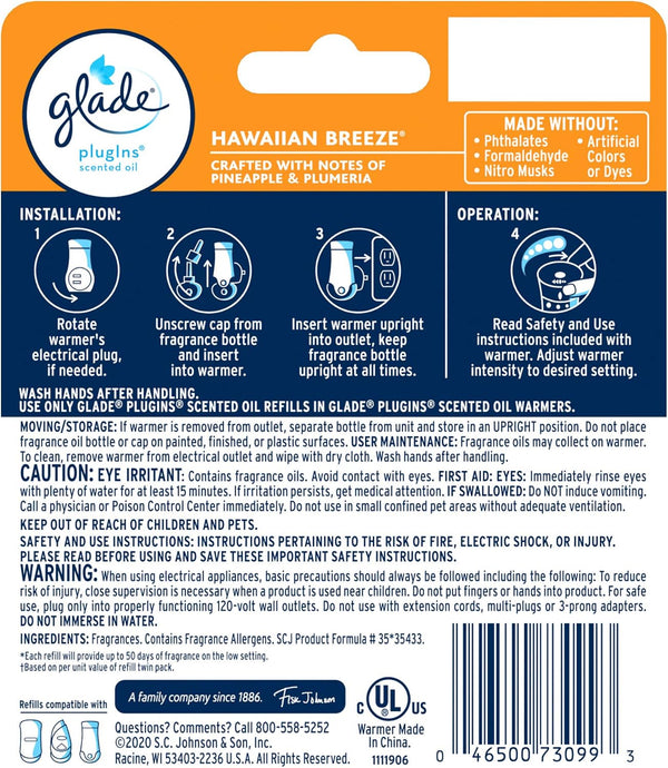 Glade PlugIns Refills Air Freshener Starter Kit, Hawaiian Breeze, Scented and Essential Oils for Home and Bathroom, 0.67 Fl Oz, 1 Warmer + 1