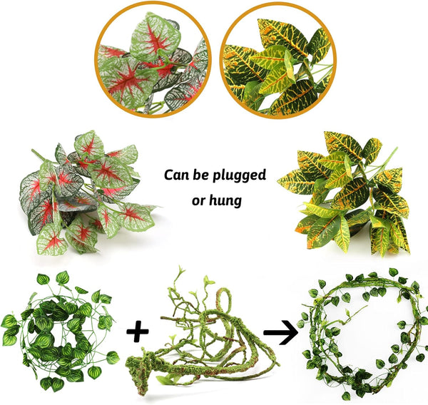 Reptile Plants, Terrarium Hanging Plant Vines Artificial Leaves Reptile Hide, Leopard Gecko Tank Accessories, Terrarium Decorations for Bearded