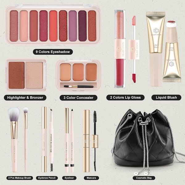Color Nymph Makeup Sets For Women, Teen Girls With Travel-Friendly Makeup Kits Bag Included 9 Color Eyeshadow Palette Concealer Liquid Blush