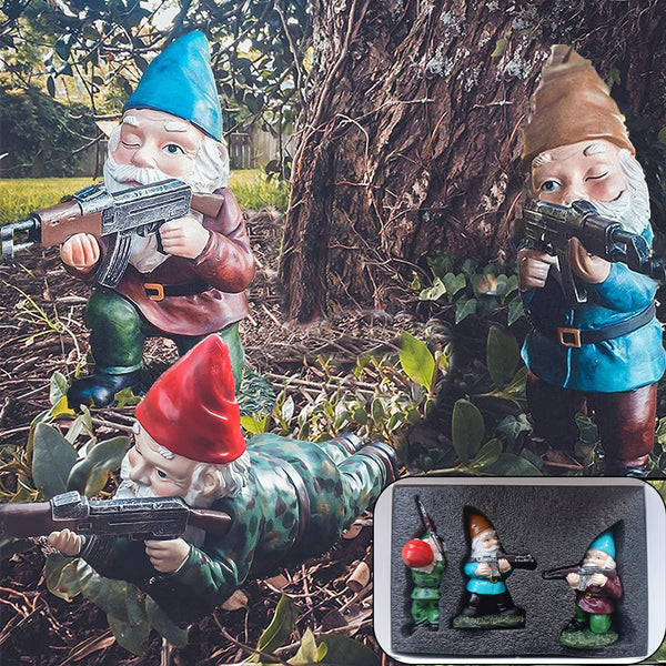 Garden Gnomes, 4.5inch Gnome Statues, Military Gnome with Gun, Funny Army Gnomes Decorations for Yard, Indoor Outdoor Halloween Christmas