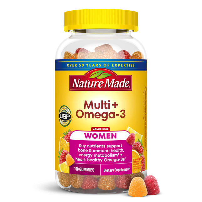 Nature Made Womens Gummy Multivitamins with Omega-3, 150 Gummies Strawberry, Lem