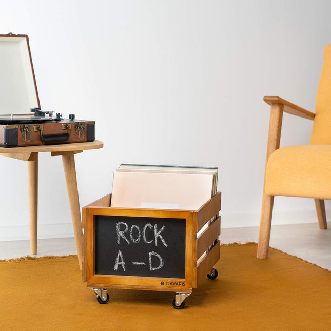 Navaris Wood Record Crate with Wheels - Vinyl Album Storage Holder Box Wooden Case with Chalkboard Sign Board - Holds up