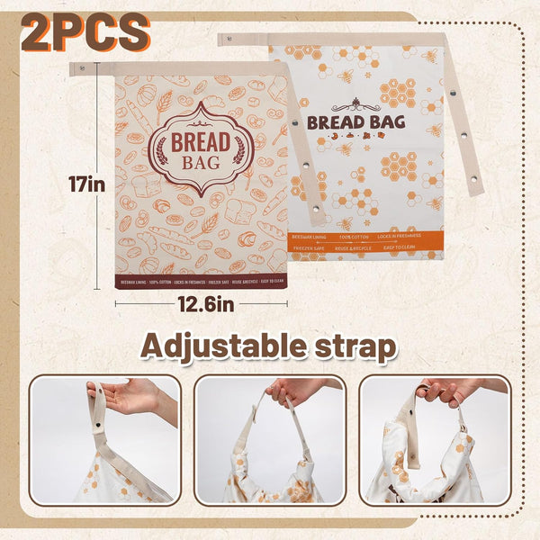 2Pcs Beeswax Bread Bags for Homemade Bread - Reusable Cotton Sourdough Breads Storage Bags, Large Beeswax Wraps Breads Storage to Keep Fresh,