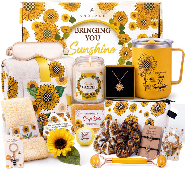 Andlane Sunflower Gifts for Women - Unique Gift Basket Set - Birthday Gifts for Women, Best Friend, or Sister - Sunshine Box Care Package, Get
