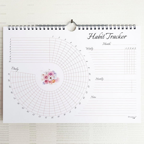 Habit Tracker Calendar (Undated 12 Month) Floral Design, Spiral Bound and Hanger, A4 Size (8,3"x11.7") Quality Heavy Paper, Monthly Habit Tracker