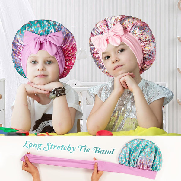 2 PCS Kids Bonnets for Girls, Silk Bonnet for Kids, Satin Bonnet for Sleeping, Baby Toddler Tie Bonnet Sleep Cap Set a