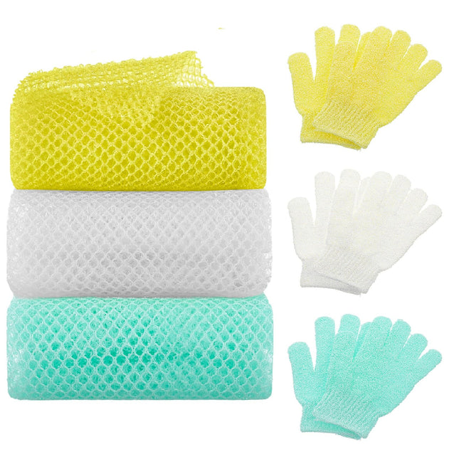 6 Pack African Net Sponge Exfoliating Glove Set, 3 Bath Sponge Body Scrubber Back Scrubber and 3 Pairs Exfoliating Glove