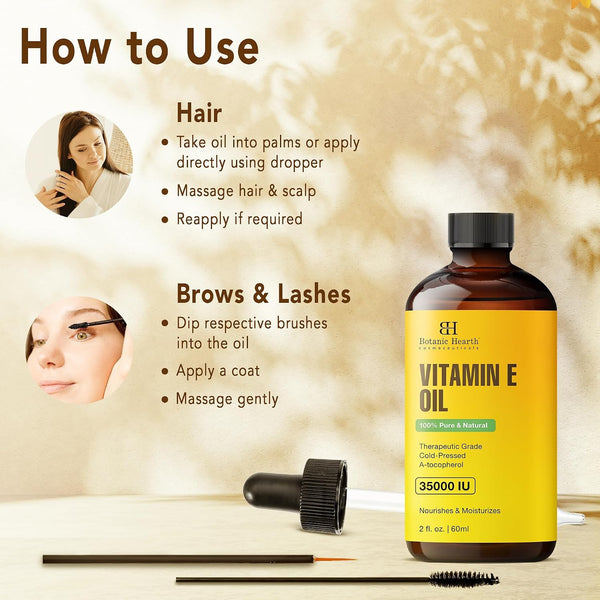 Botanic Hearth Vitamin E Oil 2 Fl Oz |100% Pure and Natural- Cold Pressed & Hexane Free Natural Hair Growth Oil for Eyelashes, Eyebrows, Skin,