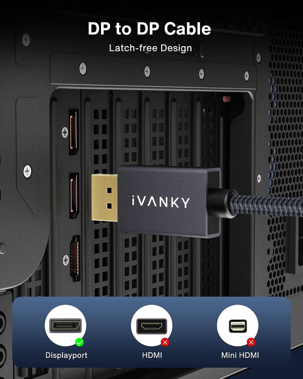 IVANKY VESA Certified DisplayPort Cable, 6.6ft 4K@60Hz DP to DP Cable 6.6 Feet 4K-1Pack Grey