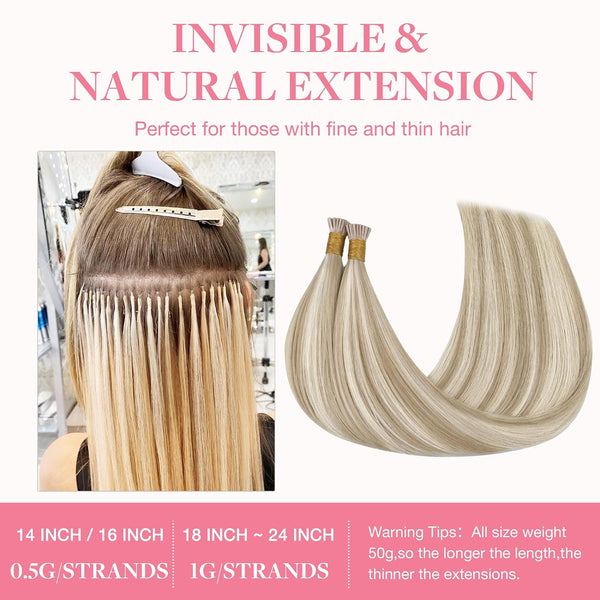 GOO GOO I Tip Hair Extensions Real Human Hair, 14inch 50g 100S, Cold Fusion I Tip Hair Extensions,18A/613A Dark Blonde Highlighted Bleach Blonde