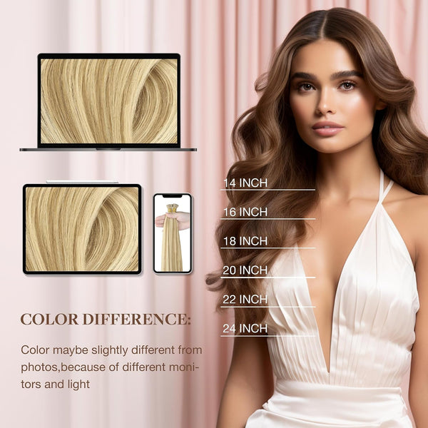 GOO GOO I Tip Hair Extensions, Real Human Hair, 14inch 100g 200S, Cold Fusion I Tip, Invisible Remy, 16/22 Light Blonde Highlighted Golden Blonde