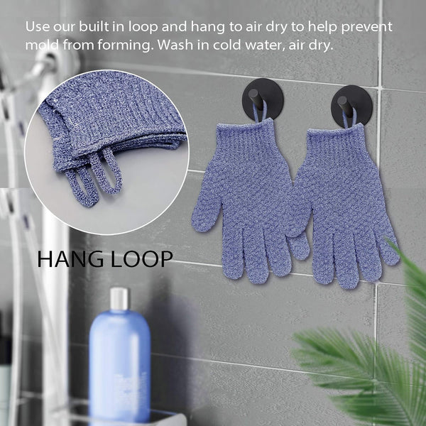 Evridwear Exfoliating Dual Texture Bath Gloves for Shower, Spa, Massage and Body Scrubs, Dead Skin Cell Remover, Gloves with Hanging Loop (1 Pair