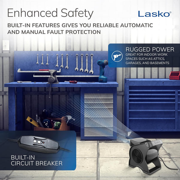 Lasko High Velocity Portable Utility Fan - Adjustable Air Mover Blower Fan for Bedroom, Office Desk, Garage, and Home - With 2 Outlets 120V - 3