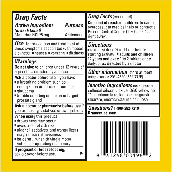 Dramamine Motion Sickness Less Drowsy, Travel Vial, Multicolor, 8 Count 8 Count (Pack of 1)