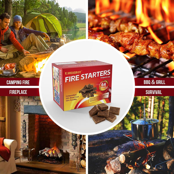 Fire Starter Squares 64 - Fire Starters for Fireplace,Chimney,BBQ Grill,Camping Fire,Wood Stove - Water Resistant and Safe Odourless - Camping
