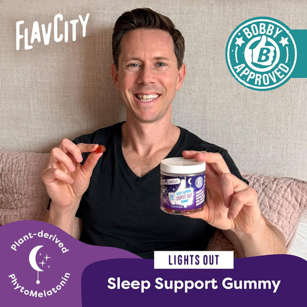 FlavCity Melatonin Sleep Gummies for Adults, Lights Out Gummy - Chewable Sleep Support Supplement with Plant-Based GABA, Magnesium & Chamomile for
