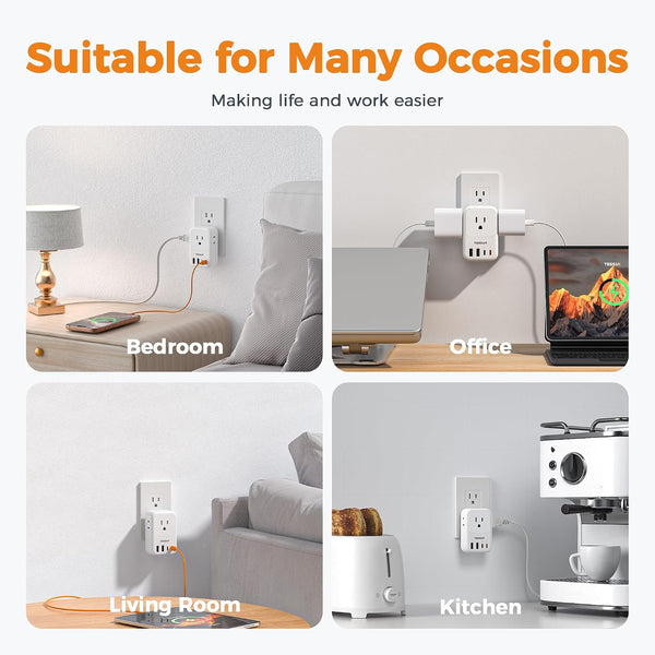 USB C Charger Block 20W PD, TESSAN Foldable Wall Charger with 4 USB Ports and 4 AC Outlet Extender, Multi Charging Station for Cruise, Home,
