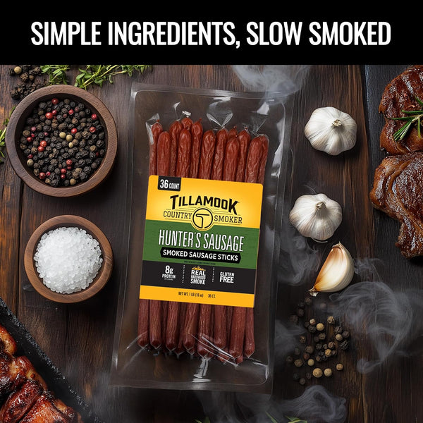 Tillamook Country Smoker Hunter’s Sausage Smoked Sausage, 16 Oz, 36 Ct, Bulk Pack, Real Hardwood Smoked Beef Meat Sticks, 8g Protein, 0g Sugar &