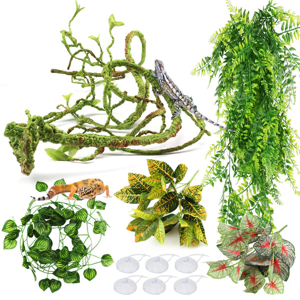 Reptile Plants, Terrarium Hanging Plant Vines Artificial Leaves Reptile Hide, Leopard Gecko Tank Accessories, Terrarium Decorations for Bearded