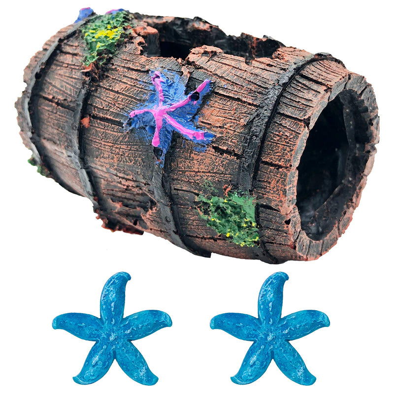 GSD Star-Fish Broken Barrel Decor Resin Betta Tank Accessories Ornaments for Cave Hide Decorations, Broken Barrel X 1Pc, Blue Star Fish Ornaments