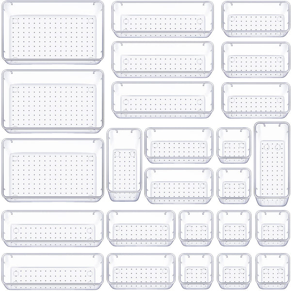 WOWBOX 25 PCS Clear Plastic Drawer Organizer Set, 4 Sizes Desk Drawer Divider Organizers and Storage Bins for Makeup, Jewelry, Gadgets for