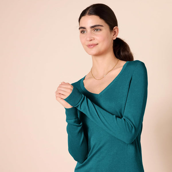Amazon Essentials Women's Lightweight Long-Sleeve V-Neck Sweater Regular Teal Heather Small