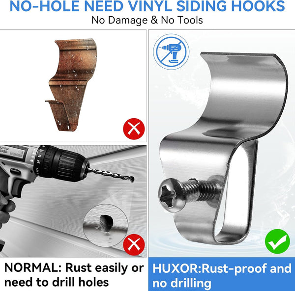 HUXOR (10 Pack) Vinyl Siding Clips Hooks, No-Hole Needed Outdoor Siding Hangers for Mounting Home Security Cameras, Stainless Steel