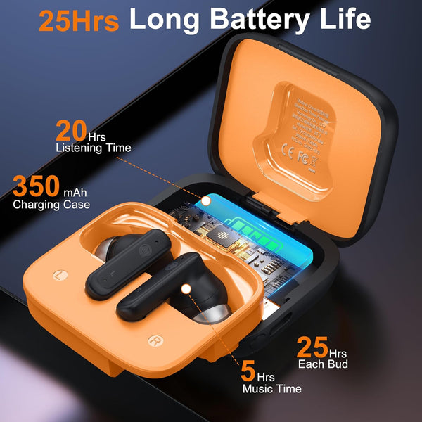 THREE PEACHES Wireless Earbuds Bluetooth 5.4 Headphones, Touch Screen, Call ENC Noise Cancelling, USB Charging Case for iPhone/Android, Black