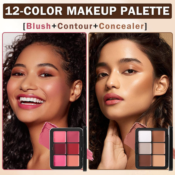 12 Colors Cream Blush Palette Cream Concealer Foundation Palette | Natural Matte Finish Contour Palette with Brush, Creamy Texture, Waterproof,