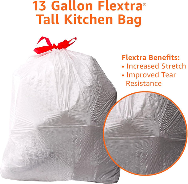 Amazon Basics 13 Gallon Tall Kitchen Drawstring Trash Bags, Flextra Strength, Clean Fresh Scent, Tear Resistant, 0.9 mil Thickness, 10% Post