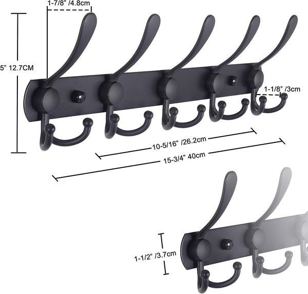Dseap Coat Rack Wall Mounted - 5 Tri Hooks, Heavy Duty, Stainless Steel, Metal Coat Hook Rail for Coat Hat Towel Purse Robes Mudroom Bathroom