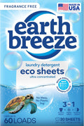 Earth Breeze Laundry Detergent Sheets Fragrance-Free - 60 Loads Eco Liquidless Soap - Travel-Friendly for Hot & Cold Cycles, Tackles Tough Stains