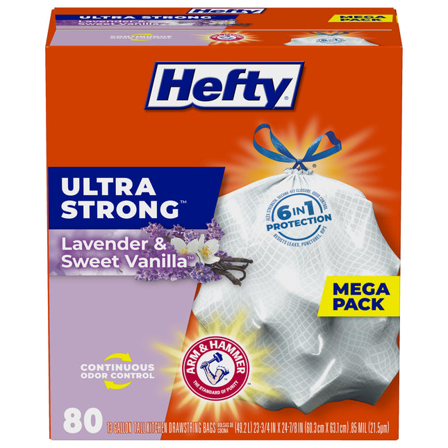 Hefty Ultra Strong Tall Kitchen Trash Bags, Lavender & Sweet Vanilla Scent, 13 G
