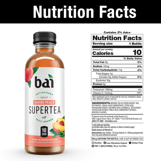 Bai Iced Tea, Narino Peach, Antioxidant Infused Supertea, Crafted with Real Tea 