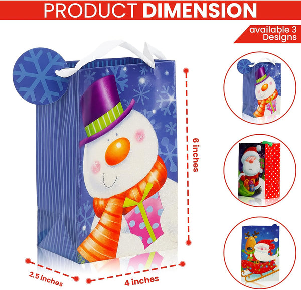 Iconikal 20-Pack Christmas Gift Bags, Small 4x6x2.5-Inch, Snowman Santa Reindeer, Ribbon Handles